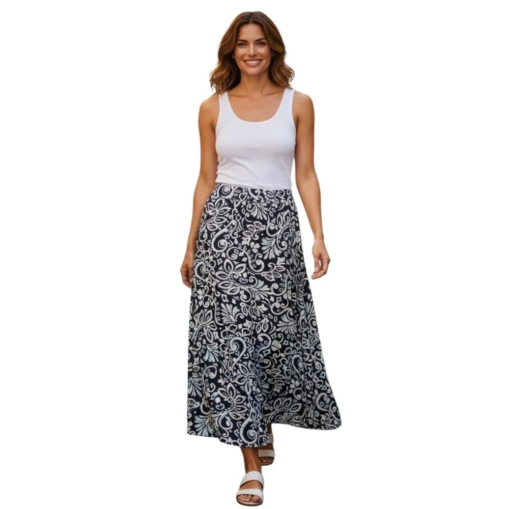 Croft & Barrow Boho Blue White Floral Maxi A-Line Rayon Skirt 6 (27x32.5)